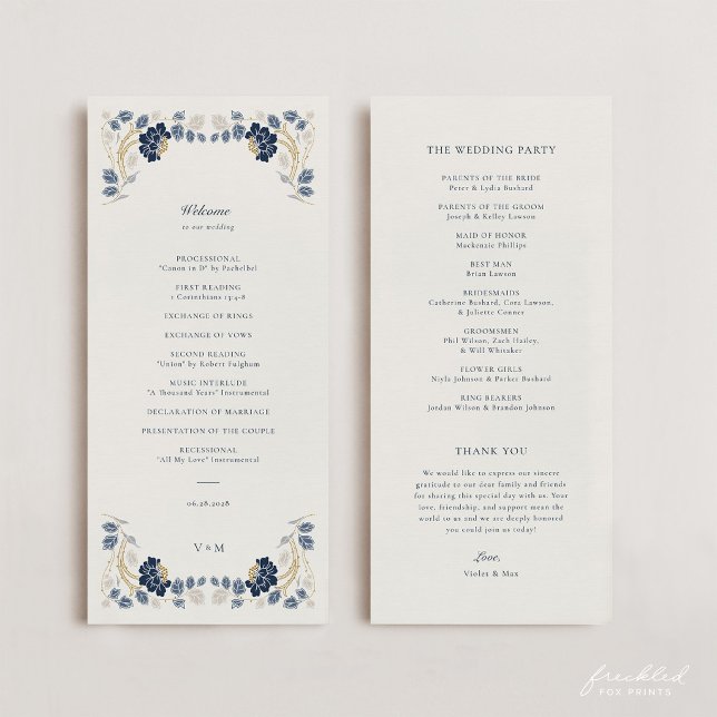 Navy Blue Gold Floral Art Nouveau Wedding Program (Navy Blue and Gold Art Nouveau Wedding Program)