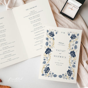 Navy Blue Gold Floral Art Nouveau Wedding Program