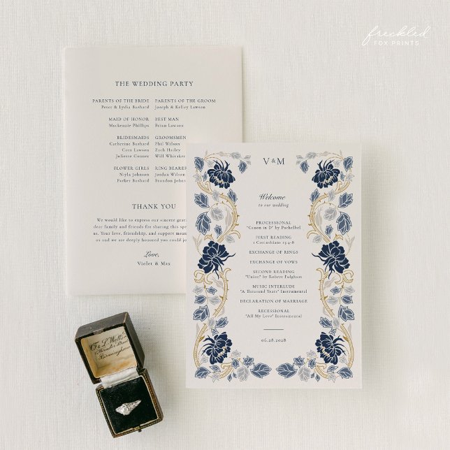 Navy Blue Gold Floral Art Nouveau Wedding Program (Navy and Gold Floral Art Nouveau Wedding Program)