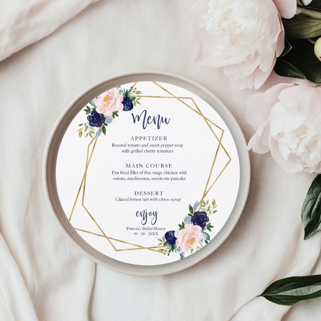 Navy Blue Gold Floral Bridal Shower Round Menu Invitation (Creator Uploaded)
