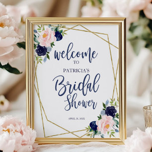Navy Blue Gold Floral Bridal Shower Welcome Poster