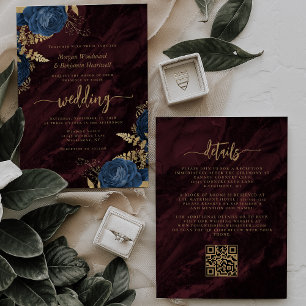 Navy Blue Gold Floral Burgundy QR Code Wedding Invitation