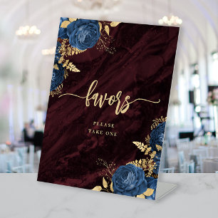 Navy Blue Gold Floral Burgundy Wedding Favors Pedestal Sign