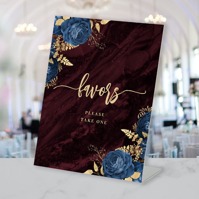 Navy Blue Gold Floral Burgundy Wedding Favours Pedestal Sign (Creator Uploaded)