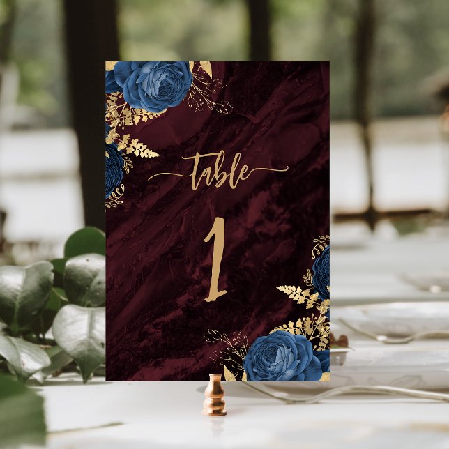 Navy Blue Gold Floral Burgundy Wedding Table Number (Creator Uploaded)