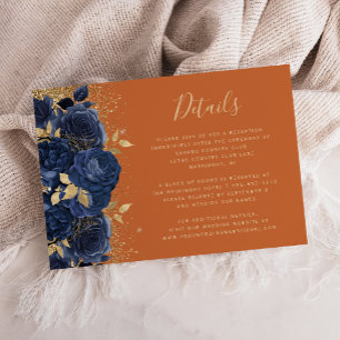 Navy Blue Gold Floral Burnt Orange Wedding Details Enclosure Card