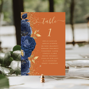 Navy Blue Gold Floral Burnt Orange Wedding Table Number