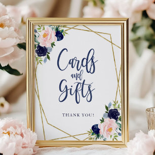 Navy Blue Gold Floral Cards And Gifts Sign