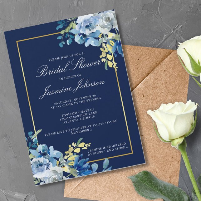 Navy Blue Gold Floral Elegant Bridal Shower Invitation (Creator Uploaded)