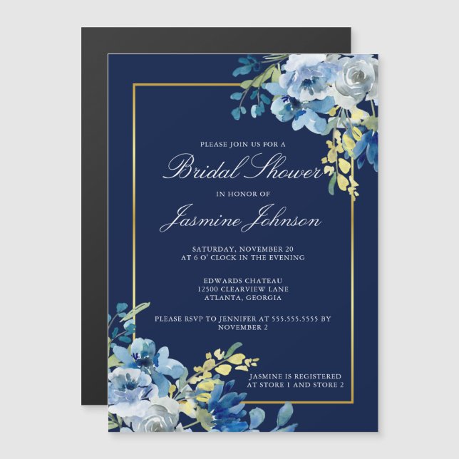Navy Blue Gold Floral Elegant Bridal Shower Magnetic Invitation (Front/Back)