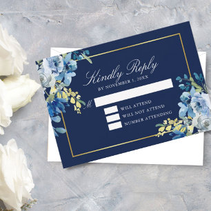 Navy Blue Gold Floral Elegant Evening Kindly Reply RSVP Card