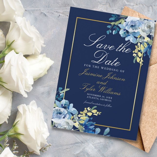 Navy Blue Gold Floral Elegant Evening Save The Date (Creator Uploaded)