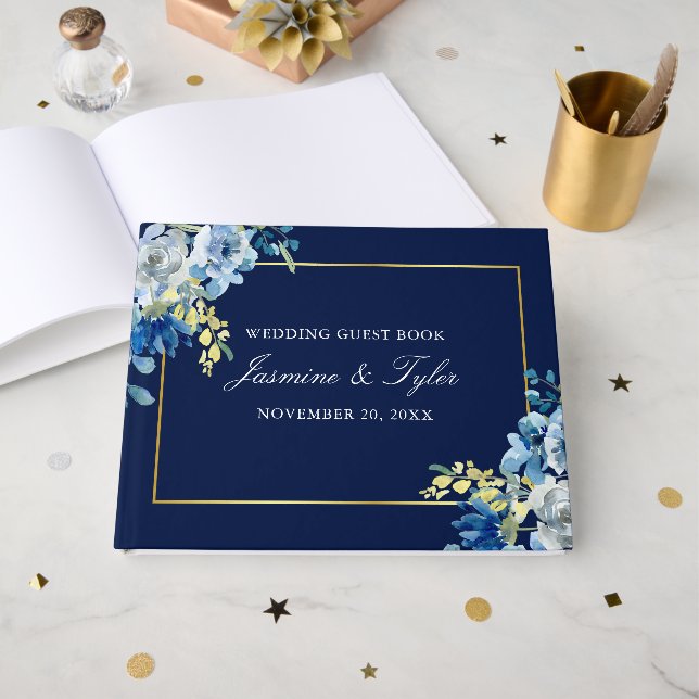 Navy Blue Gold Floral Elegant Evening Wedding Guest Book (Front Open)