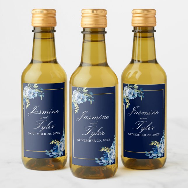 Navy Blue Gold Floral Elegant Evening Wedding Mini Wine Label (Bottles)