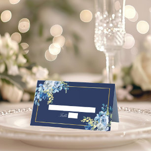 Navy Blue Gold Floral Elegant Evening Wedding Place Card