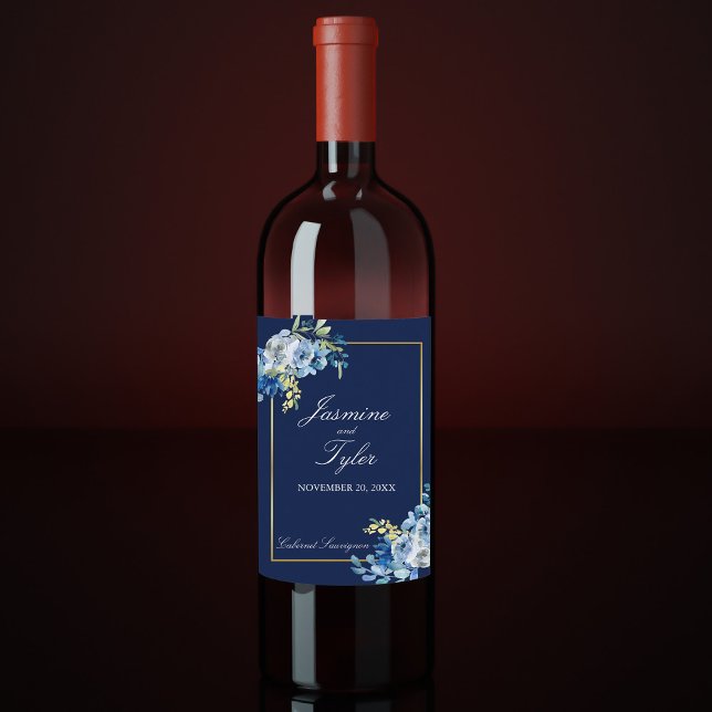 Navy Blue Gold Floral Elegant Evening Wedding Wine Label (Creator Uploaded)