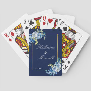 Navy Blue Gold Floral Elegant Personalised Wedding Playing Cards