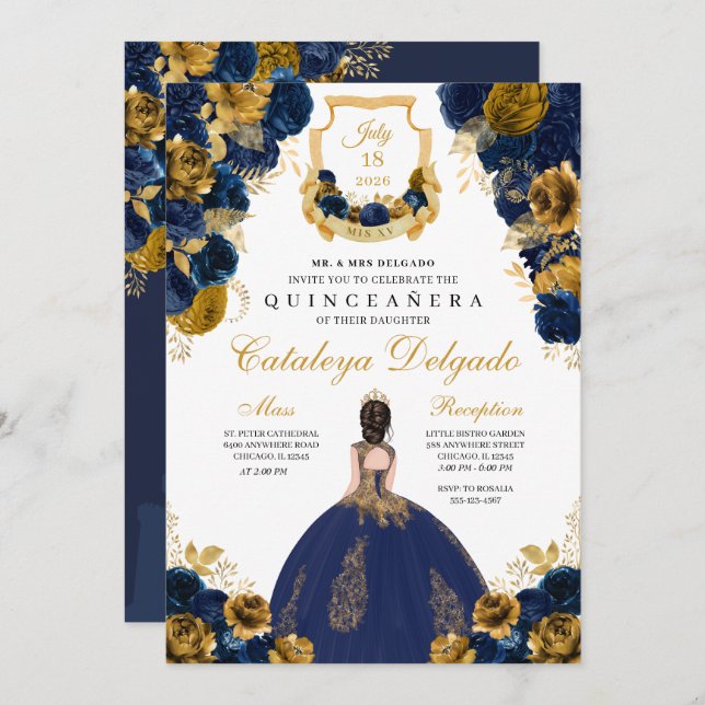 Navy Blue & Gold Floral Elegant Quinceañera Invitation (Front/Back)
