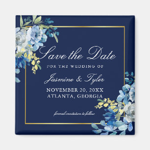 Navy Blue Gold Floral Elegant Save the Date Magnet
