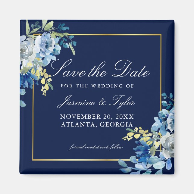 Navy Blue Gold Floral Elegant Save the Date Magnet (Front)