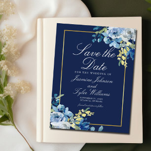 Navy Blue Gold Floral Elegant Save The Date Postcard