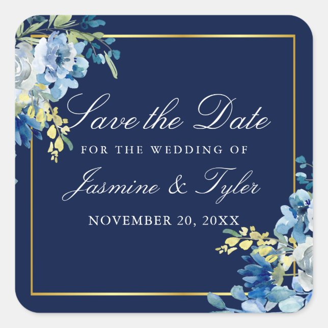 Navy Blue Gold Floral Elegant Save the Date Square Sticker (Front)