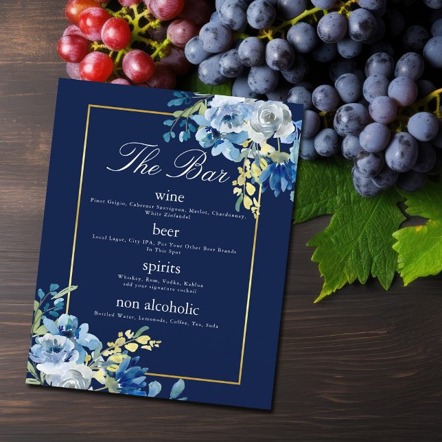 Navy Blue Gold Floral Elegant Wedding Bar Menu (Creator Uploaded)