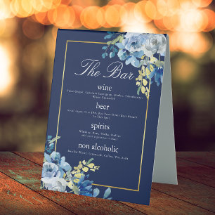 Navy Blue Gold Floral Elegant Wedding Bar Menu