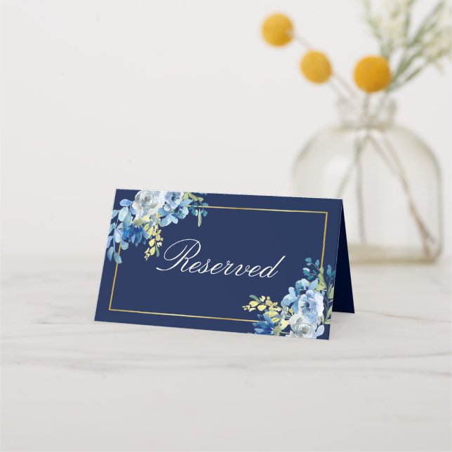 Navy Blue Gold Floral Elegant Wedding Reserved Place Card (Front)