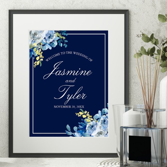 Navy Blue Gold Floral Elegant Welcome Wedding Poster (Creator Uploaded)
