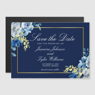 Navy Blue Gold Floral Elegant Winter Save the Date Magnetic Invitation