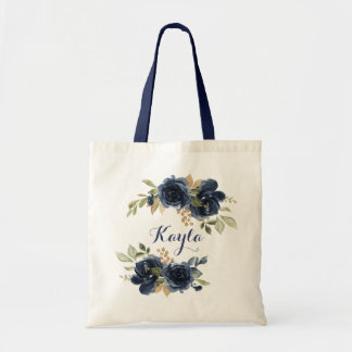 Navy Blue Gold Floral Foliage Greenery Tote Bag