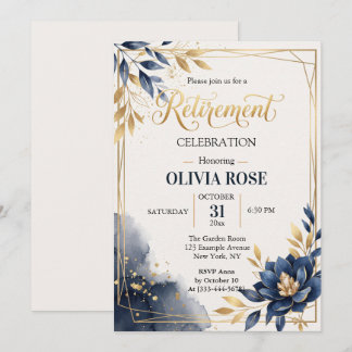 Navy Blue Gold Floral Frame Retirement Invitation