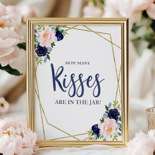 Navy Blue Gold Floral How Many Kisses Sign