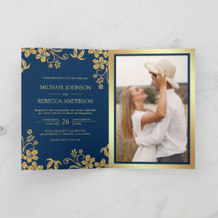 Navy Blue Gold Floral Leaves QR Code Wedding Invitation