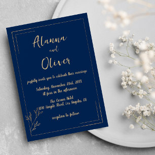 Navy blue gold floral minimalist Wedding Invitation