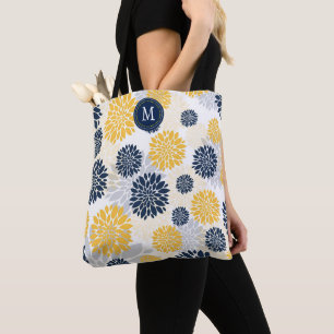 Navy Blue Gold Floral Monogram Tote Bag