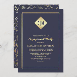 Navy Blue   Gold Floral Pattern Engagement Party  Invitation