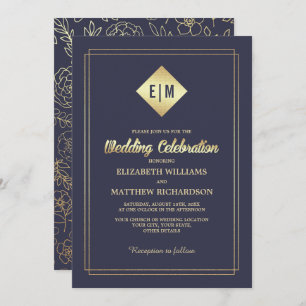 Navy Blue   Gold Floral Pattern Wedding  Invitation