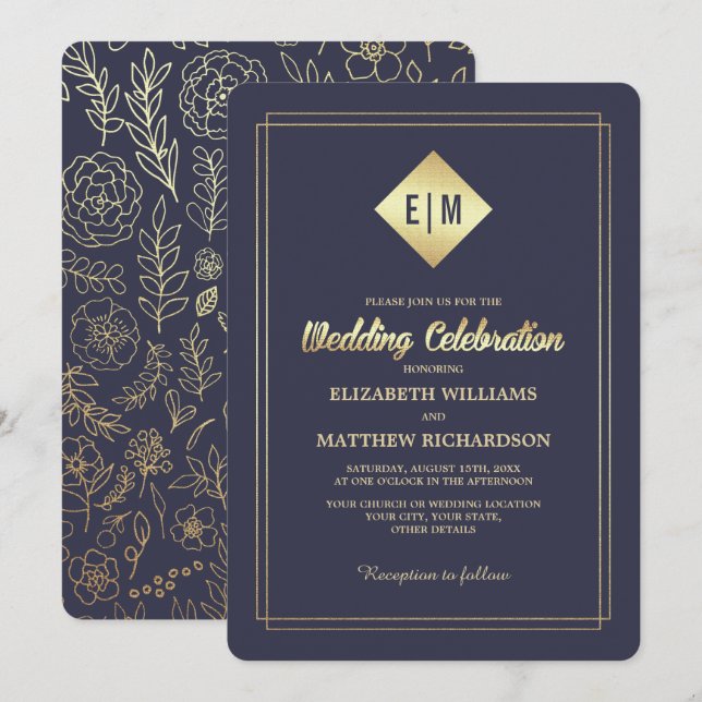 Navy Blue | Gold Floral Pattern Wedding  Invitation (Front/Back)