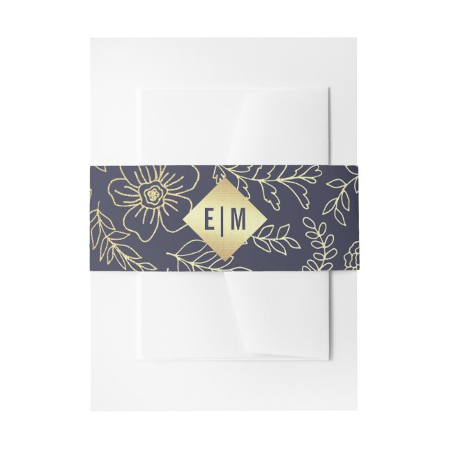 Navy Blue | Gold Floral Pattern Wedding Invitation Belly Band (Front Example)