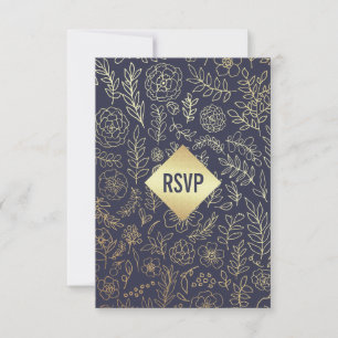 Navy Blue Gold Floral Pattern Wedding RSVP Card