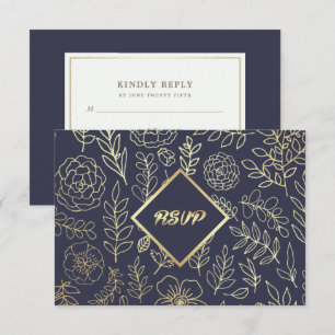 Navy Blue Gold Floral Pattern Wedding RSVP Card