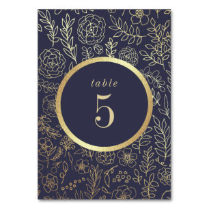 Navy Blue, Gold Floral Pattern Wedding Table Number