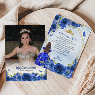 Navy Blue Gold Floral Princess Quinceañera Photo Thank You Card
