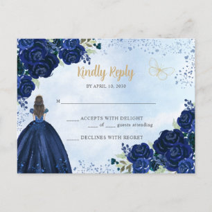 Navy Blue Gold Floral Princess Quinceañera RSVP Postcard