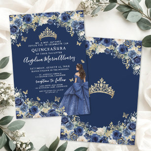 Navy Blue Gold Floral Quinceanera Invitation
