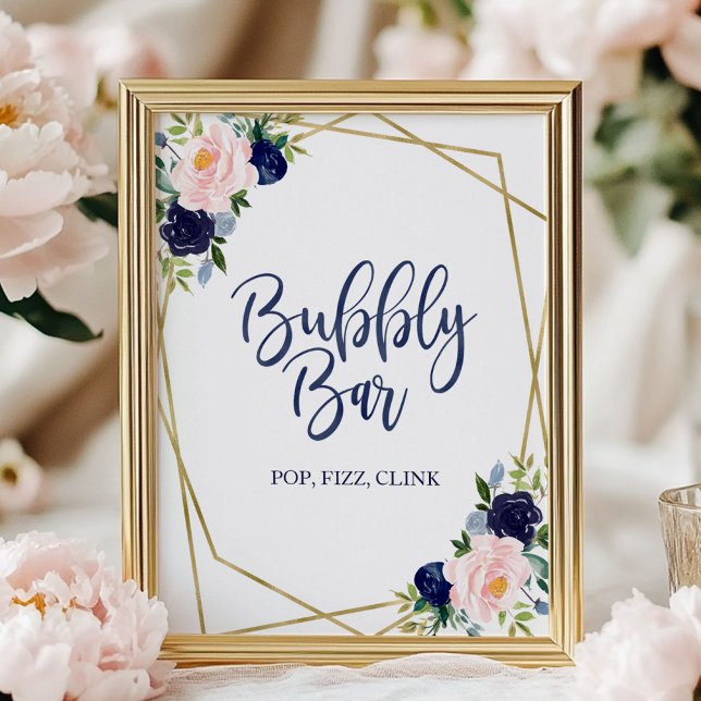 Navy Blue Gold Floral Watercolor Bubbly Bar Sign (Creator Uploaded)
