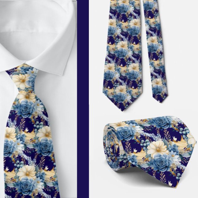 Navy Blue Gold Floral Watercolor Flowers Wedding  Tie (Creator Uploaded)