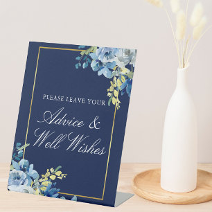 Navy Blue Gold Floral Wedding Advice & Well Wishes Pedestal Sign